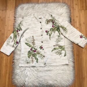 Talbots Embroidery Beaded Oriental Floral Botanical Cream Knit Cardigan size L